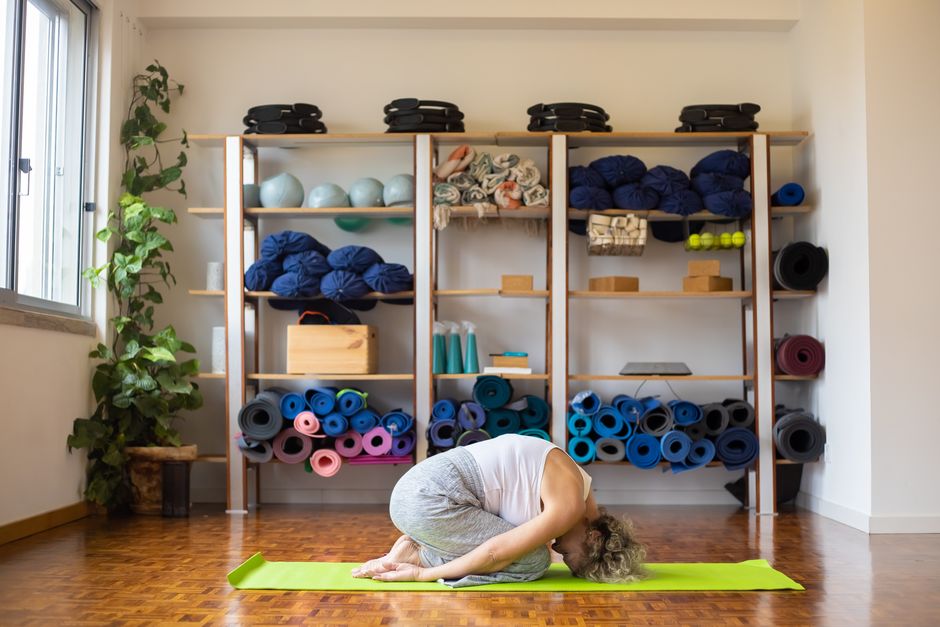 Bolsters and blankets arranged for a yin yoga class